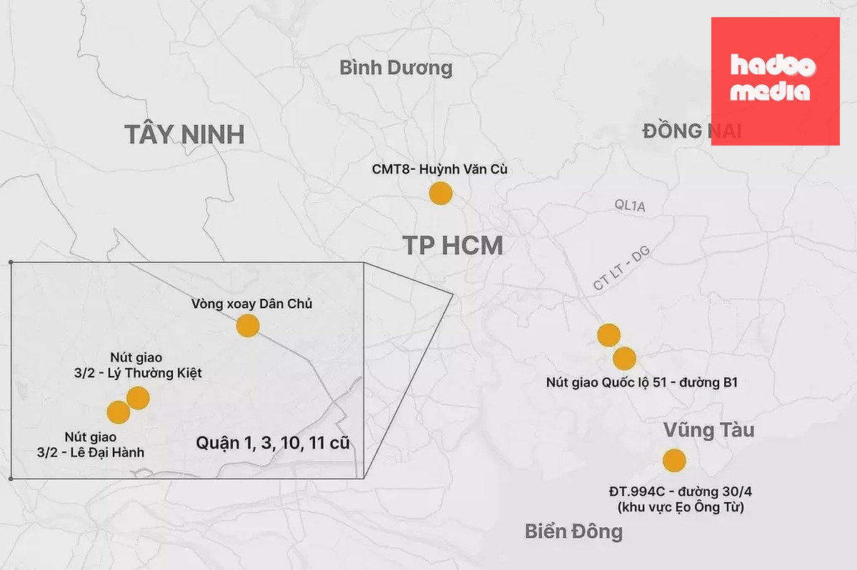 Vị trí 7 nút giao sắp được xây cầu vượt thép. Đồ họa: Hoàng Thanh