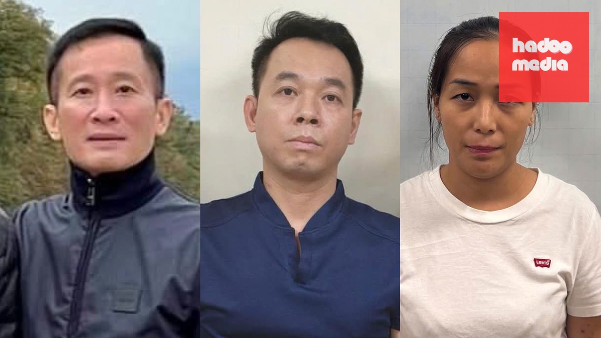Các bị can Bùi Chân Phương, Hà Văn Nam, Trần Thị Hồng Hạnh (từ trái qua) - Ảnh: Bộ Công an