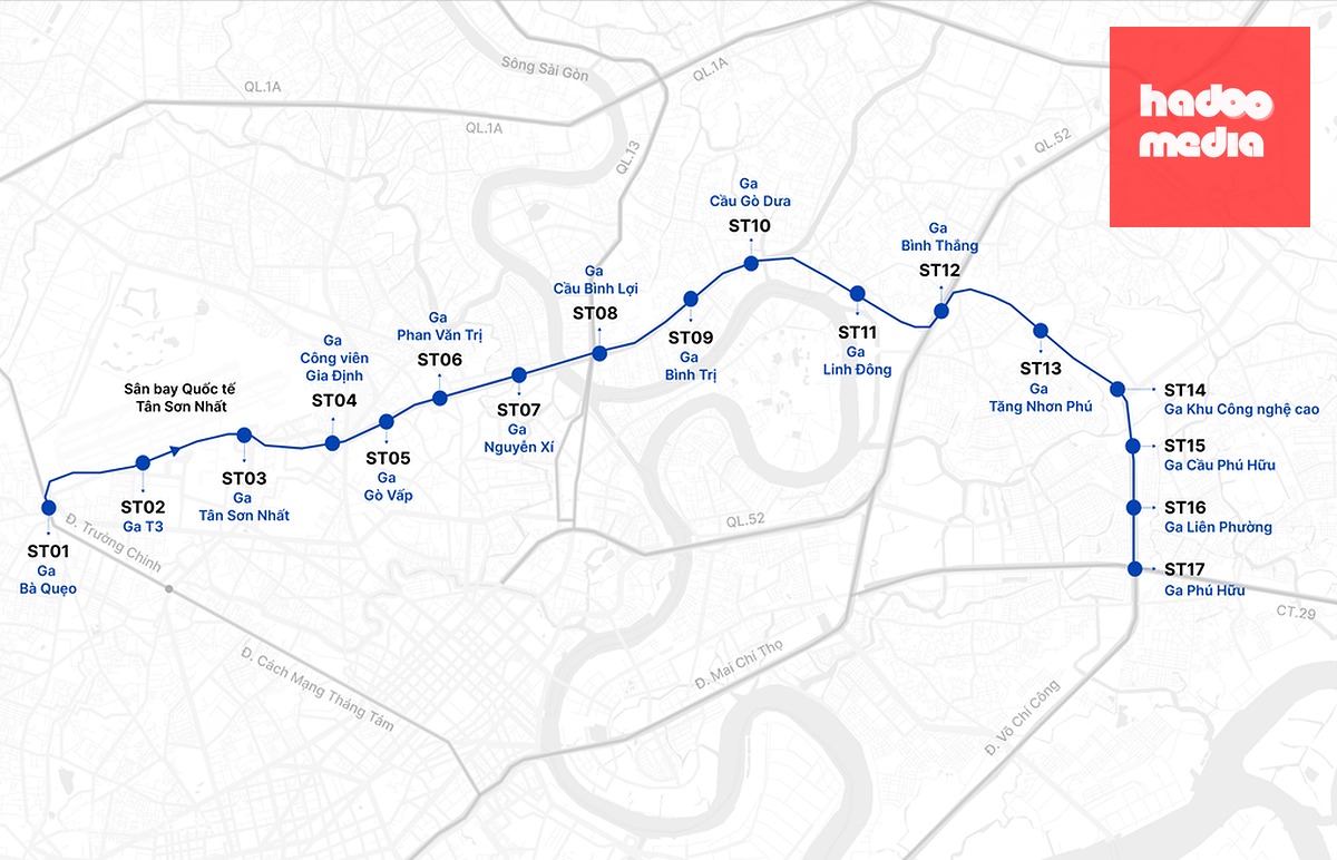 Vị trí 17 nhà ga của tuyến metro số 6 (Tân Sơn Nhất - Phú Hữu). Đồ hoạ: Tâm Thảo