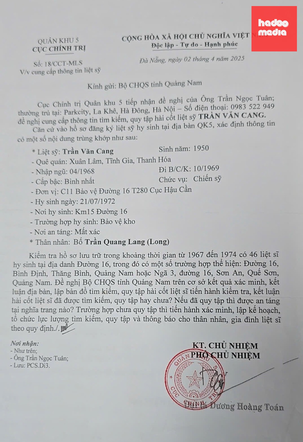 Công văn của Cục Chính trị - Quân khu 5 xác định vị trí liệt sĩ Trần Văn Cang hy sinh ở “Km 15 Đường 16” - Ảnh: Gia đình cung cấp
