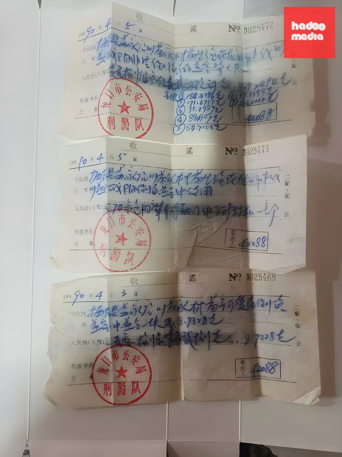Ba biên lai công an giao cha con ông Miêu sau khi thả người. Ảnh: The paper