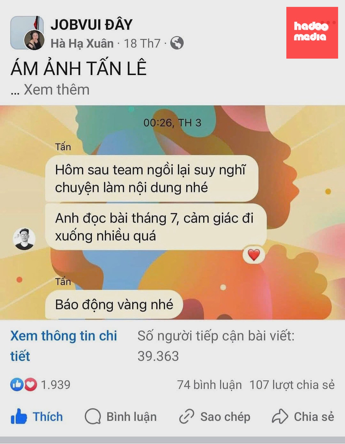 Tin nhắn trao đổi công việc lúc 0:26 của anh Tấn Lê được nhân viên đưa lên nhóm. Ảnh nhân vật cung cấp