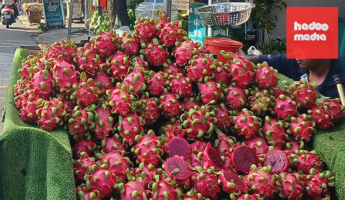 Thanh long ruột đỏ bán trên đường Phạm Ngũ Lão, phường Hạnh Thông. Ảnh: Thi Hà