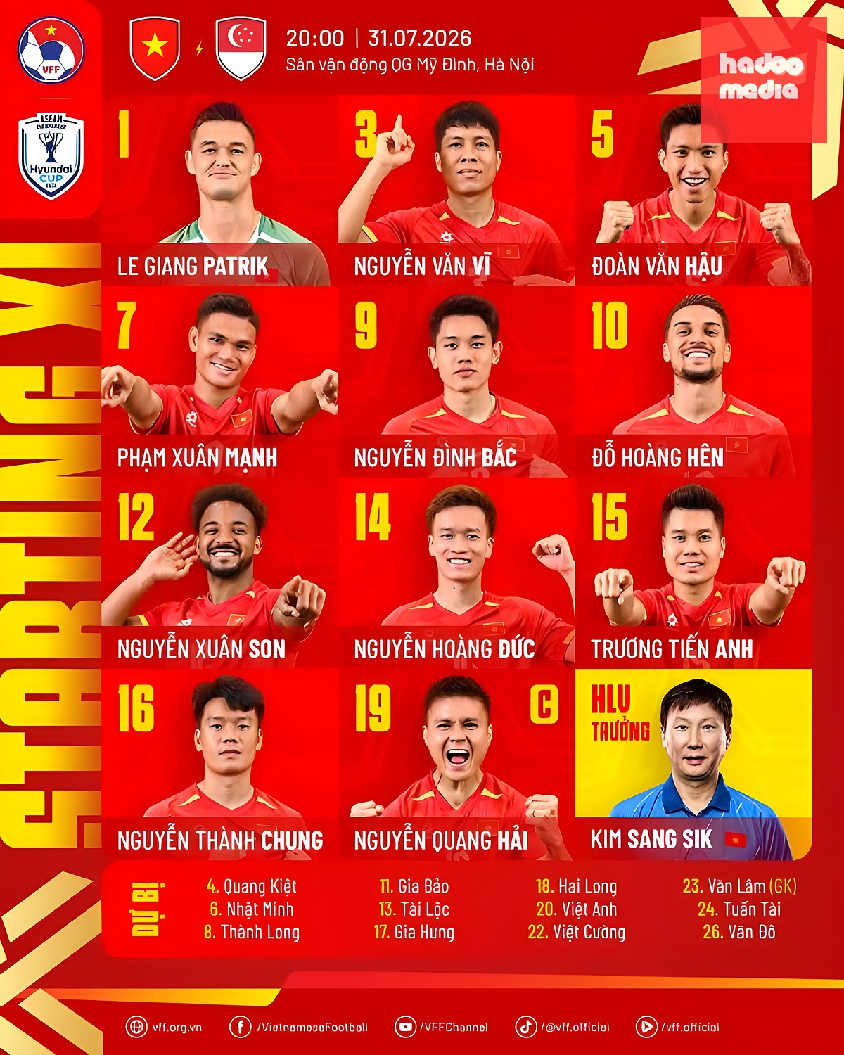 Đội hình ra sân của ĐT Việt Nam trước Singapore. (Ảnh: VFF)