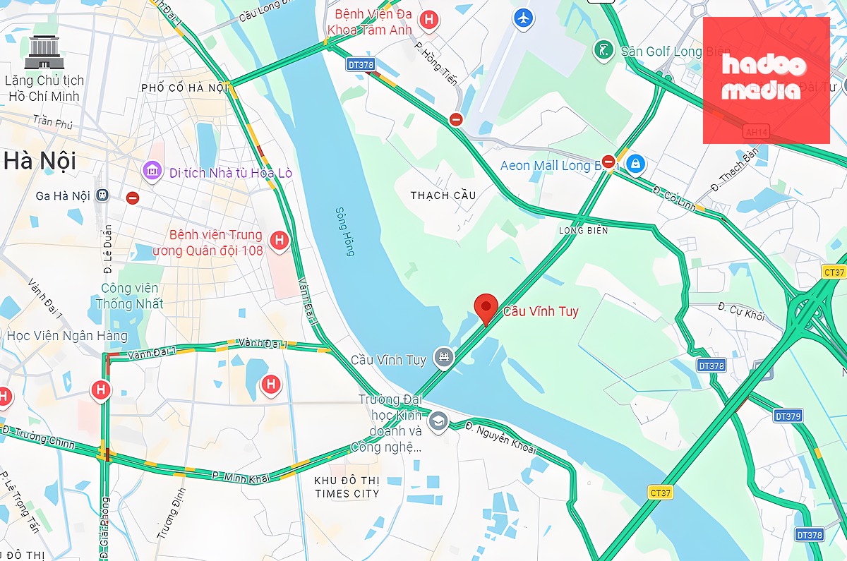 Cầu Vĩnh bắc qua sông Hồng, nối phường Vĩnh Tuy với phường Long Biên. Ảnh: Gmap