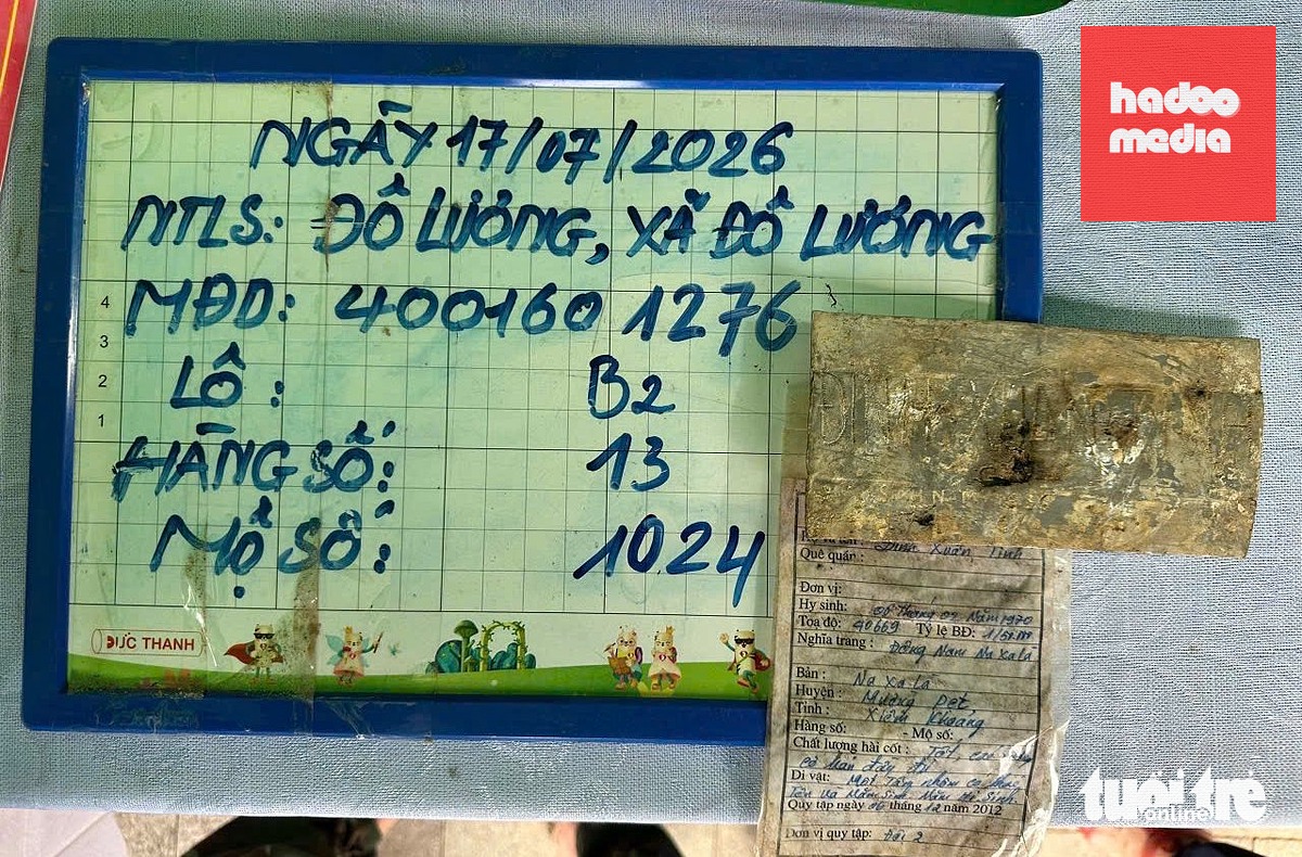 Phiếu thông tin và mảnh nhôm được tìm thấy trong mộ liệt sĩ chưa xác định được thông tin - Ảnh: Bộ Chỉ huy Quân sự tỉnh Nghệ An
