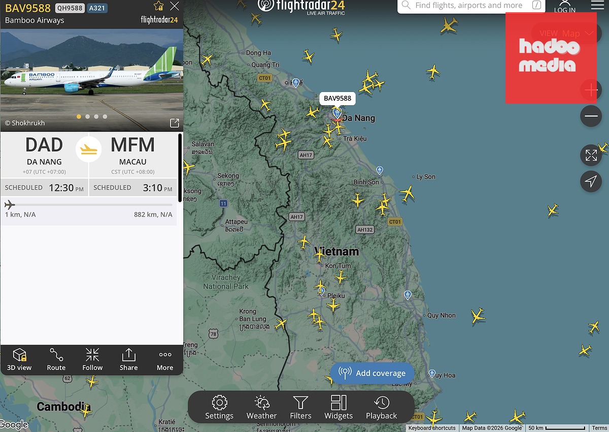 Đúng 12h30 trưa 1-8, Bamboo Airways vẫn khởi hành bay chuyến QH9588 từ Đà Nẵng - Macau - Ảnh chụp màn hình 1-8