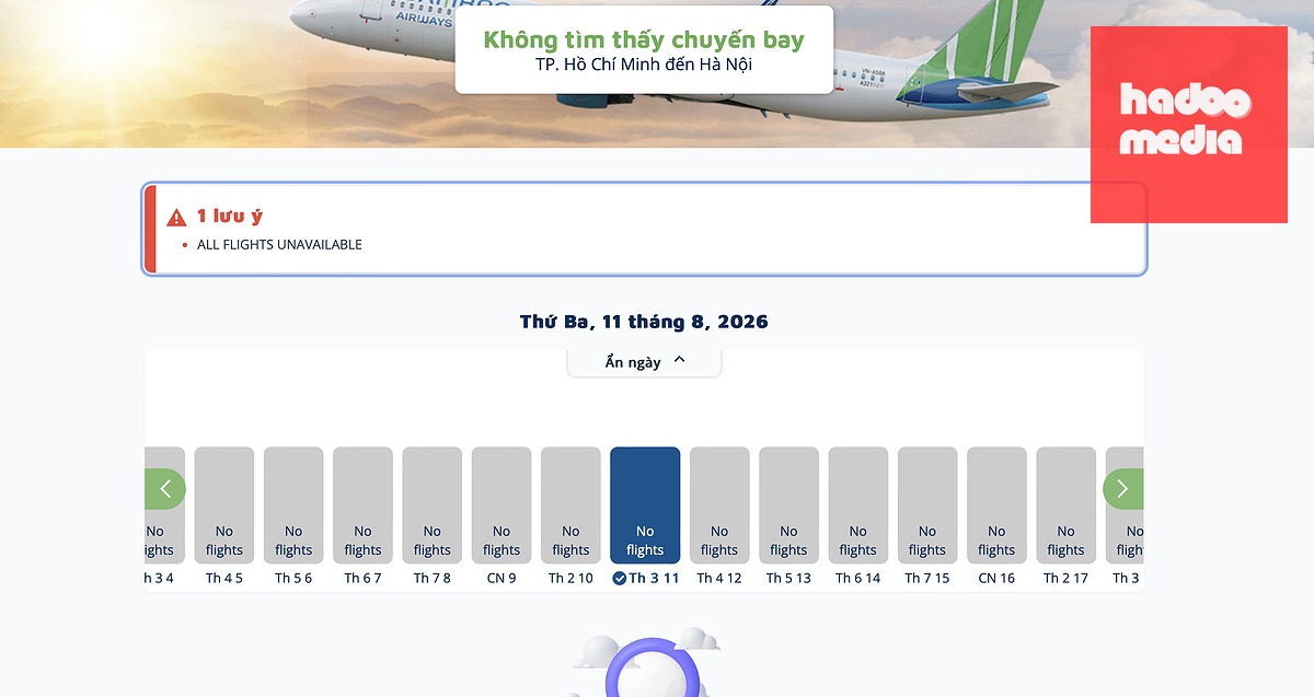Trên website của Bamboo Airways hiển thị "không tìm thấy chuyến bay" trong tháng 8-2026 ở nhiều chặng bay - Ảnh chụp màn hình ngày 1-8