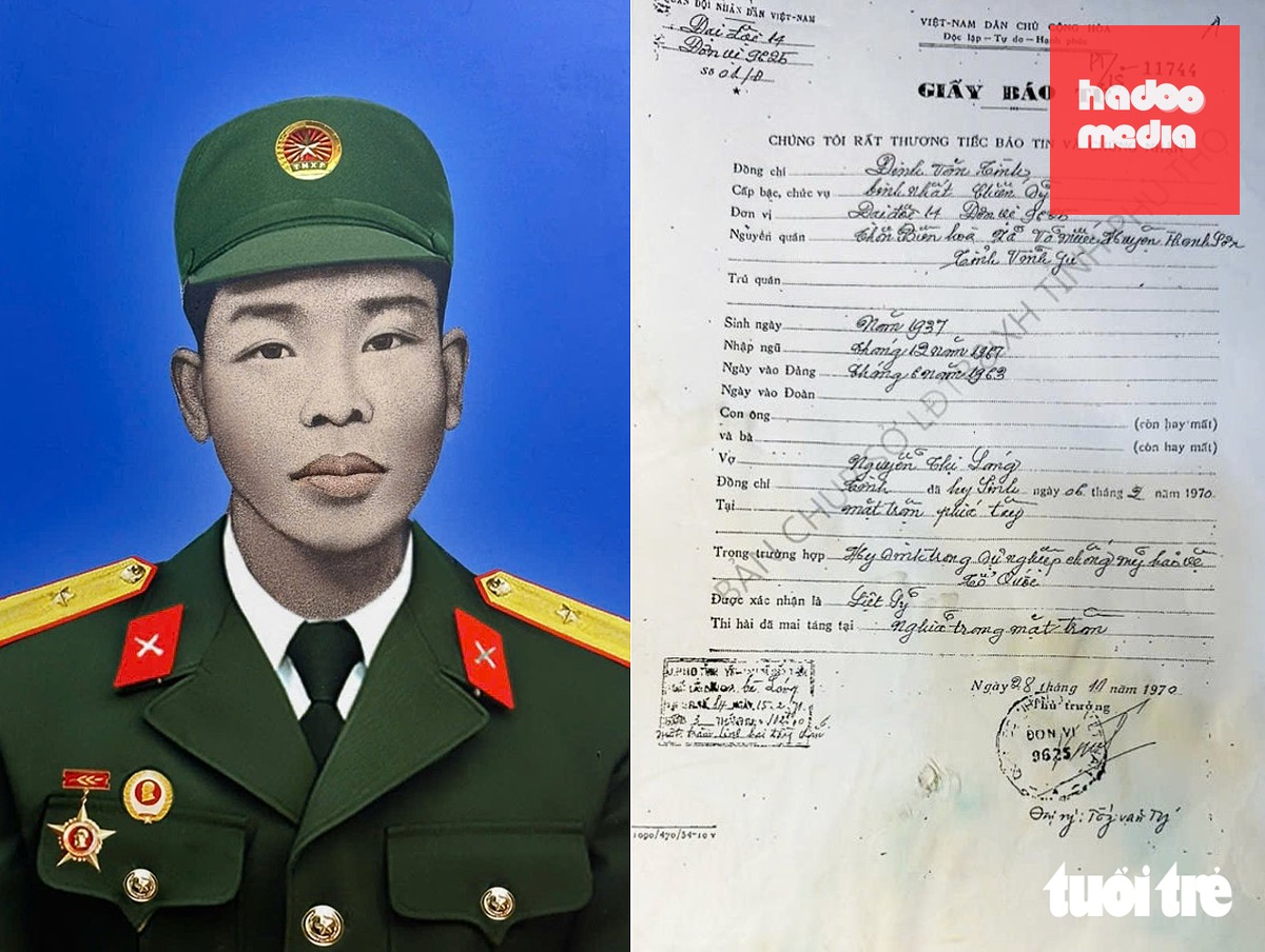 Di ảnh liệt sĩ Đinh Văn Tình cùng giấy báo tử được gia đình cất giữ - Ảnh: DOÃN HÒA
