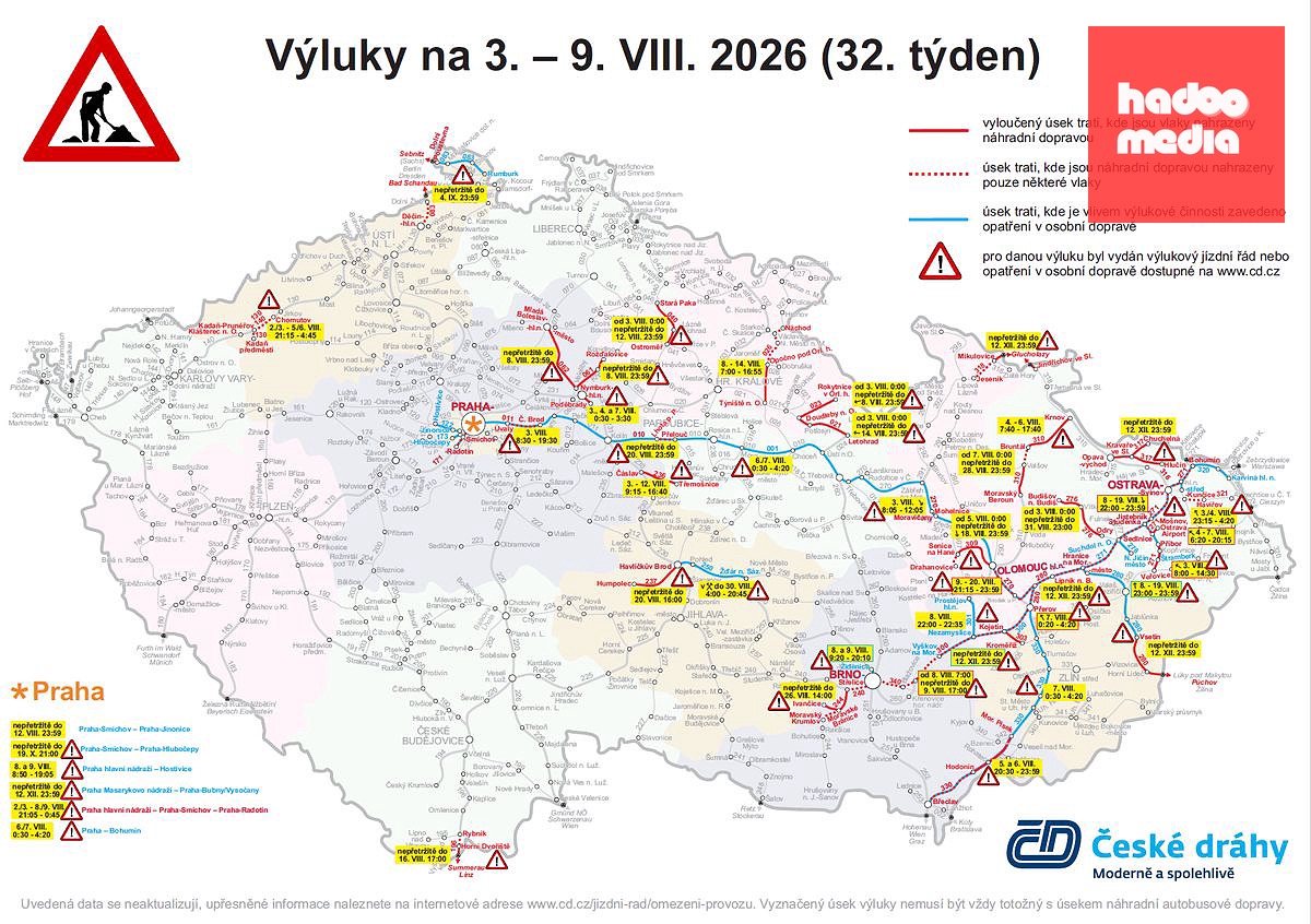 Mapa výluk na železnici.