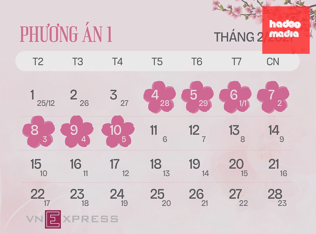 Phương án nghỉ Tết Âm lịch 7 ngày bắt đầu từ 28 tháng chạp Bính Ngọ. Đồ họa: Tạ Lư