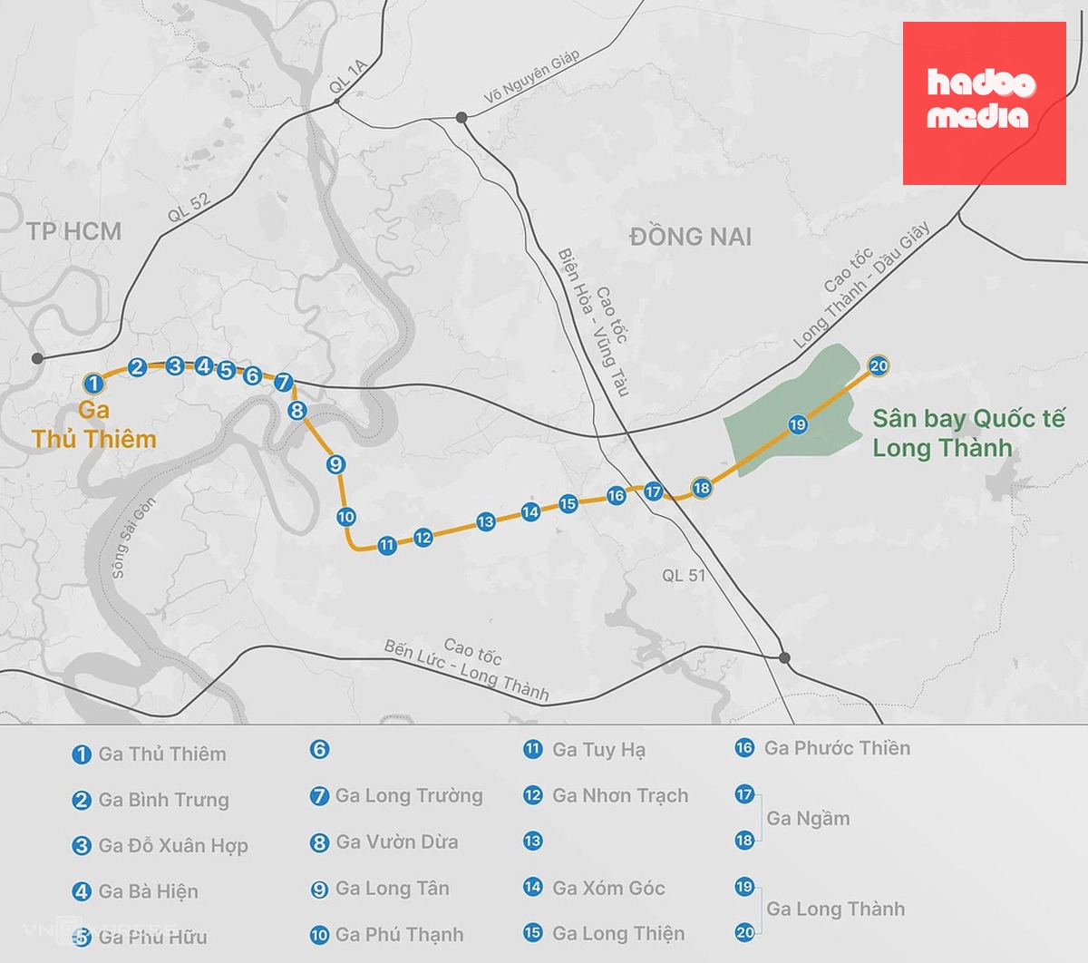 Hướng tuyến đường sắt Thủ Thiêm - Long Thành và các ga. Đồ họa: Hoàng Thanh