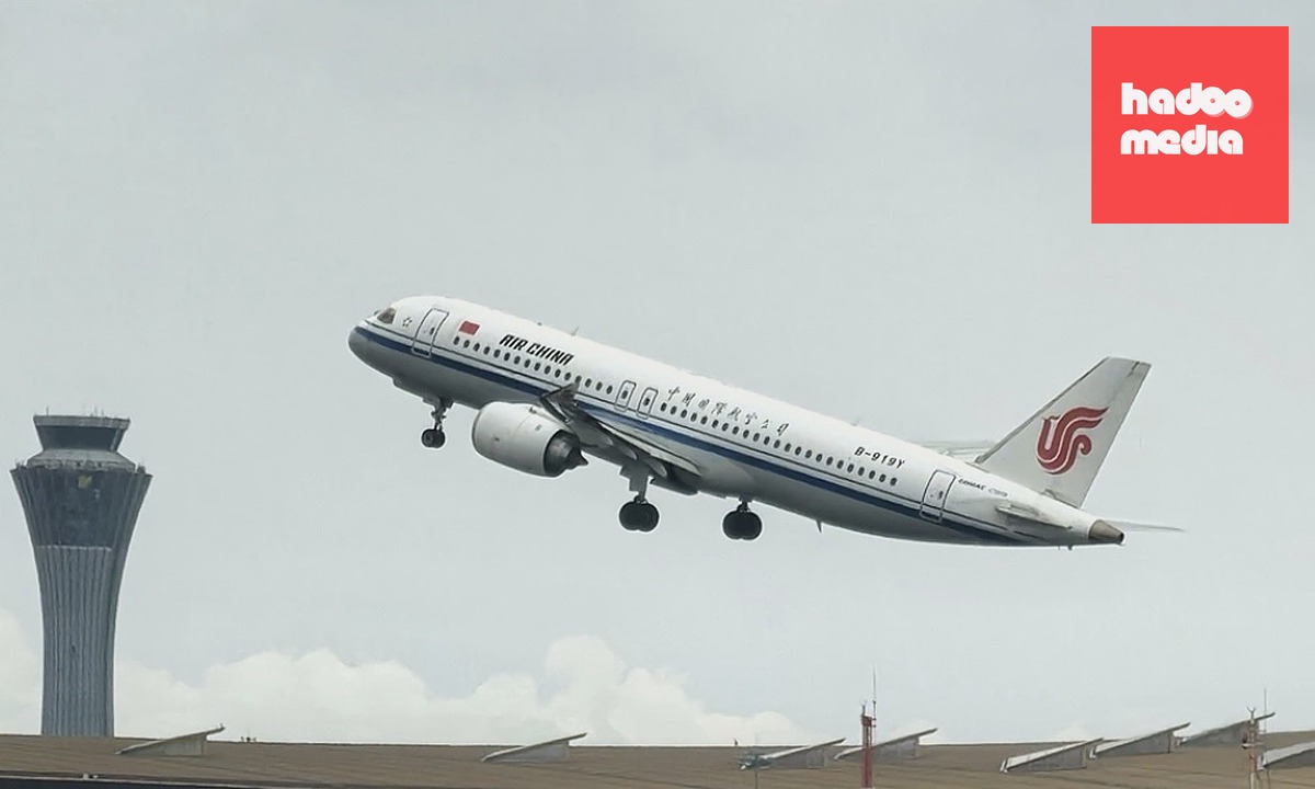 Máy bay C919 cất cánh từ Bắc Kinh hôm 12/8. Ảnh: CGTN