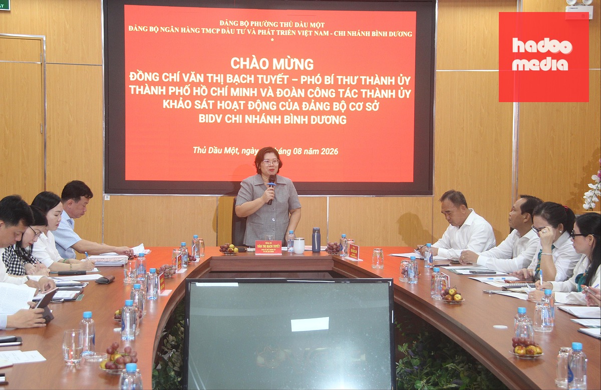 Đoàn công tác Thành ủy TP.HCM do Phó bí thư Thành ủy Văn Thị Bạch Tuyết chủ trì làm việc với Đảng ủy BIDV chi nhánh Bình Dương ngày 13-8 - Ảnh: BÁ SƠN