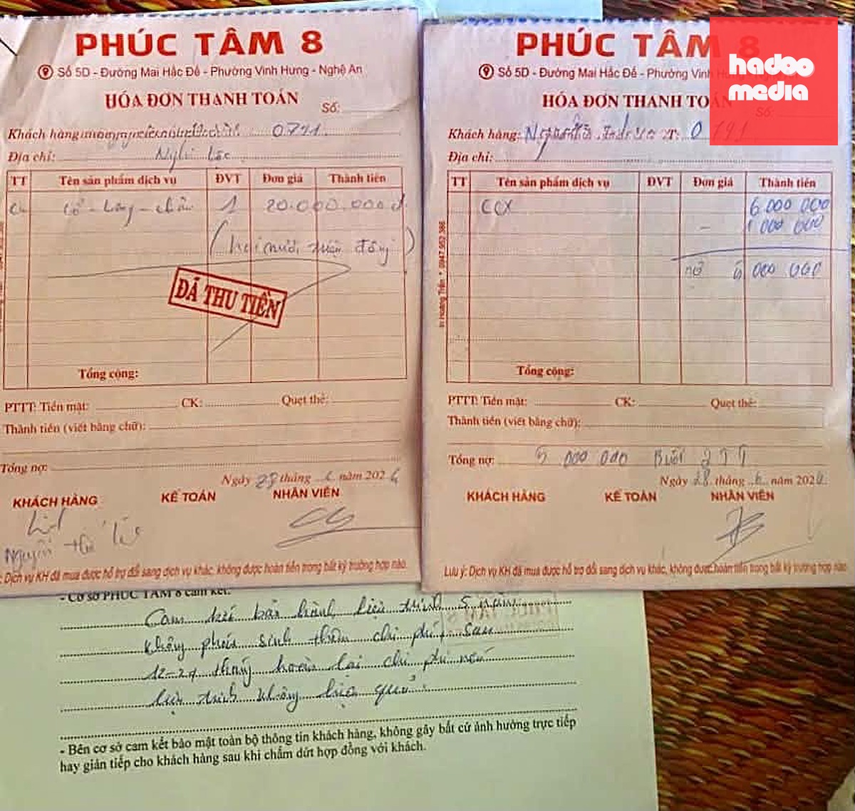 Hóa đơn khách hàng thanh toán tại cơ sở Phúc Tâm 8 - Ảnh: Bạn đọc cung cấp