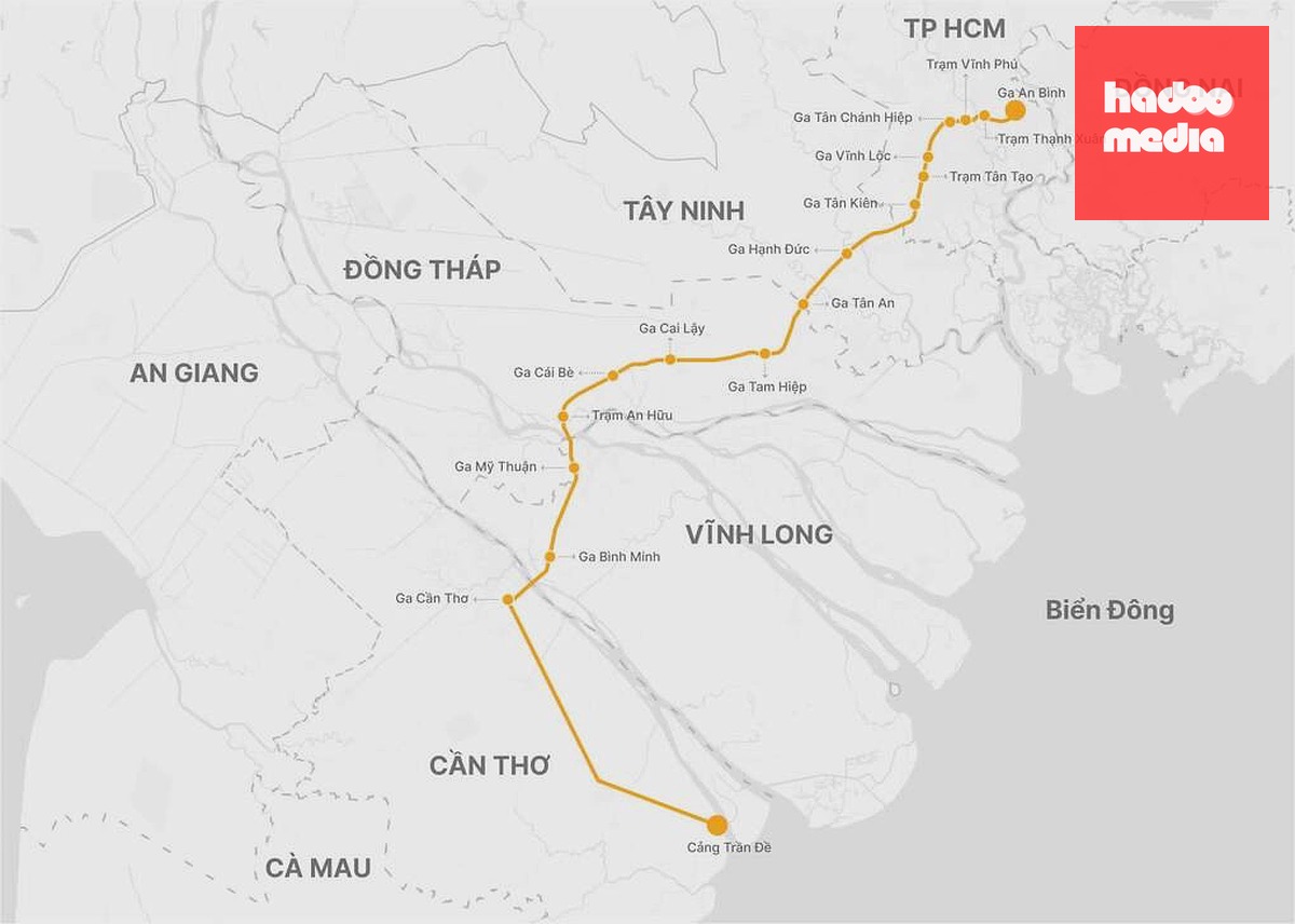 Mô phỏng hướng tuyến đường sắt nối cảng Trần Đề và TP HCM - Cần Thơ. Đồ họa: Thanh Hạ