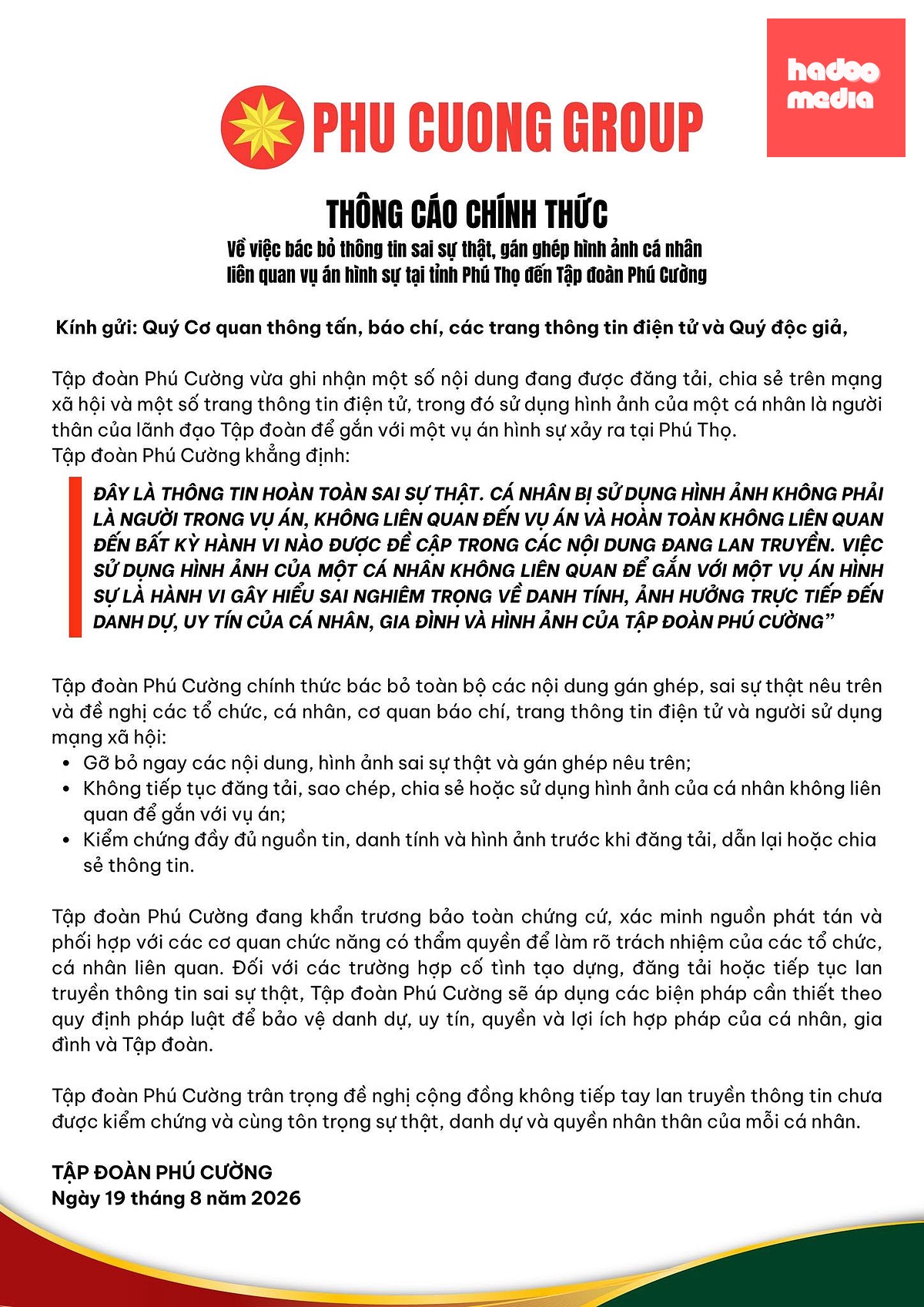 Nguyên văn thông cáo chính thức từ Tập đoàn Phú Cường về việc bác bỏ những thông tin sai sự thật, bị gán ghép vào vụ án hình sự tại Phú Thọ