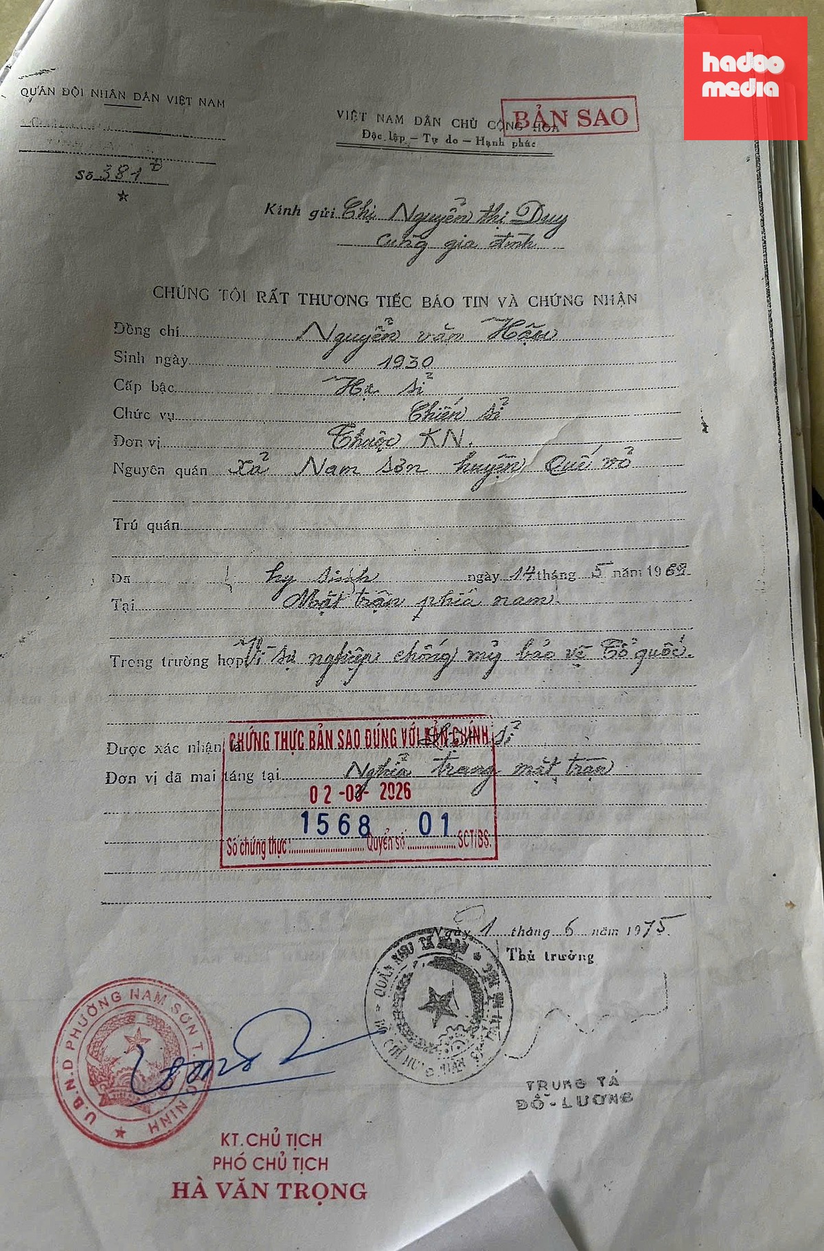 Bản sao giấy báo tử của liệt sĩ Nguyễn Văn Hậu - Ảnh: QUANG CƯỜNG