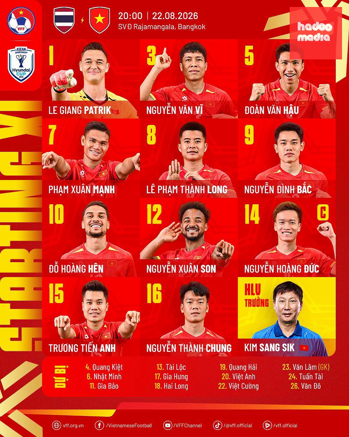Đội hình xuất phát của Việt Nam. Ảnh: VFF.