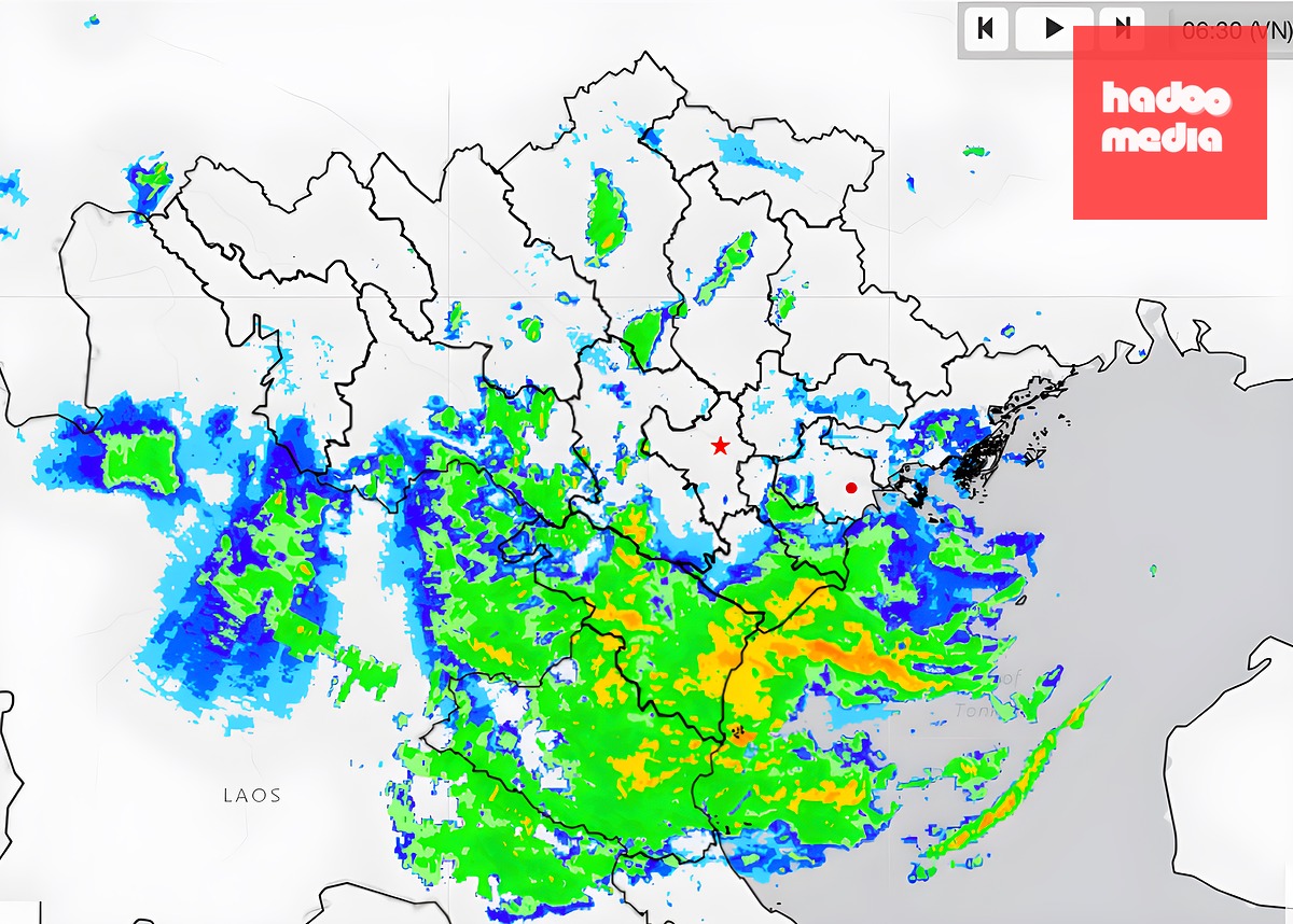 Ảnh radar vùng mưa do hoàn lưu bão Narra, sáng 24/8. Ảnh: Cục Khí tượng thủy văn