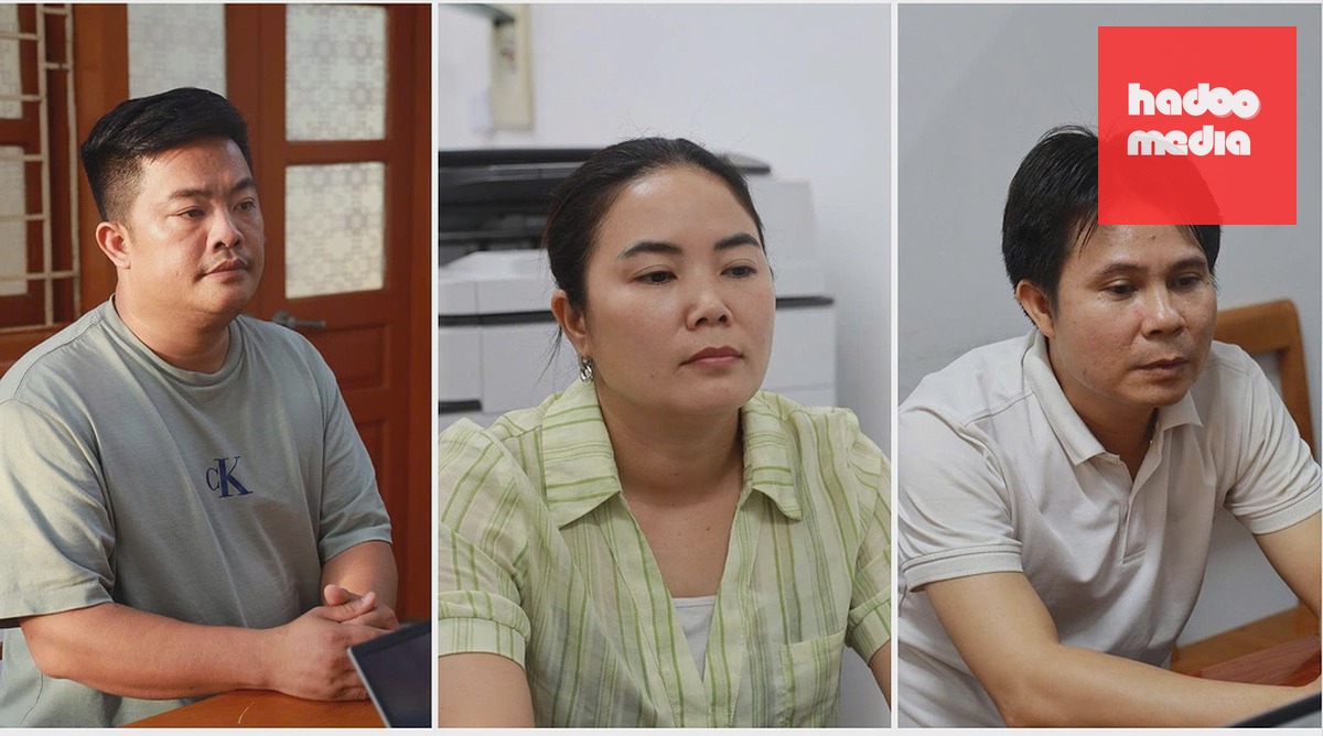Hải Sapa TV cùng vợ và Phạm Văn Hà (từ trái qua) tại cơ quan điều tra. Ảnh: Công an cung cấp