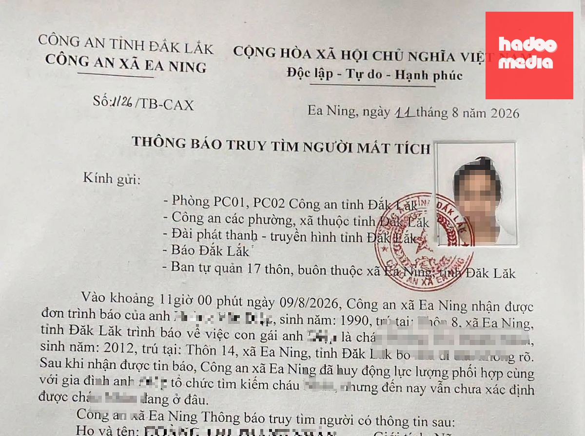 Thông báo truy tìm người mất tích là em N. của Công an xã Ea Ning