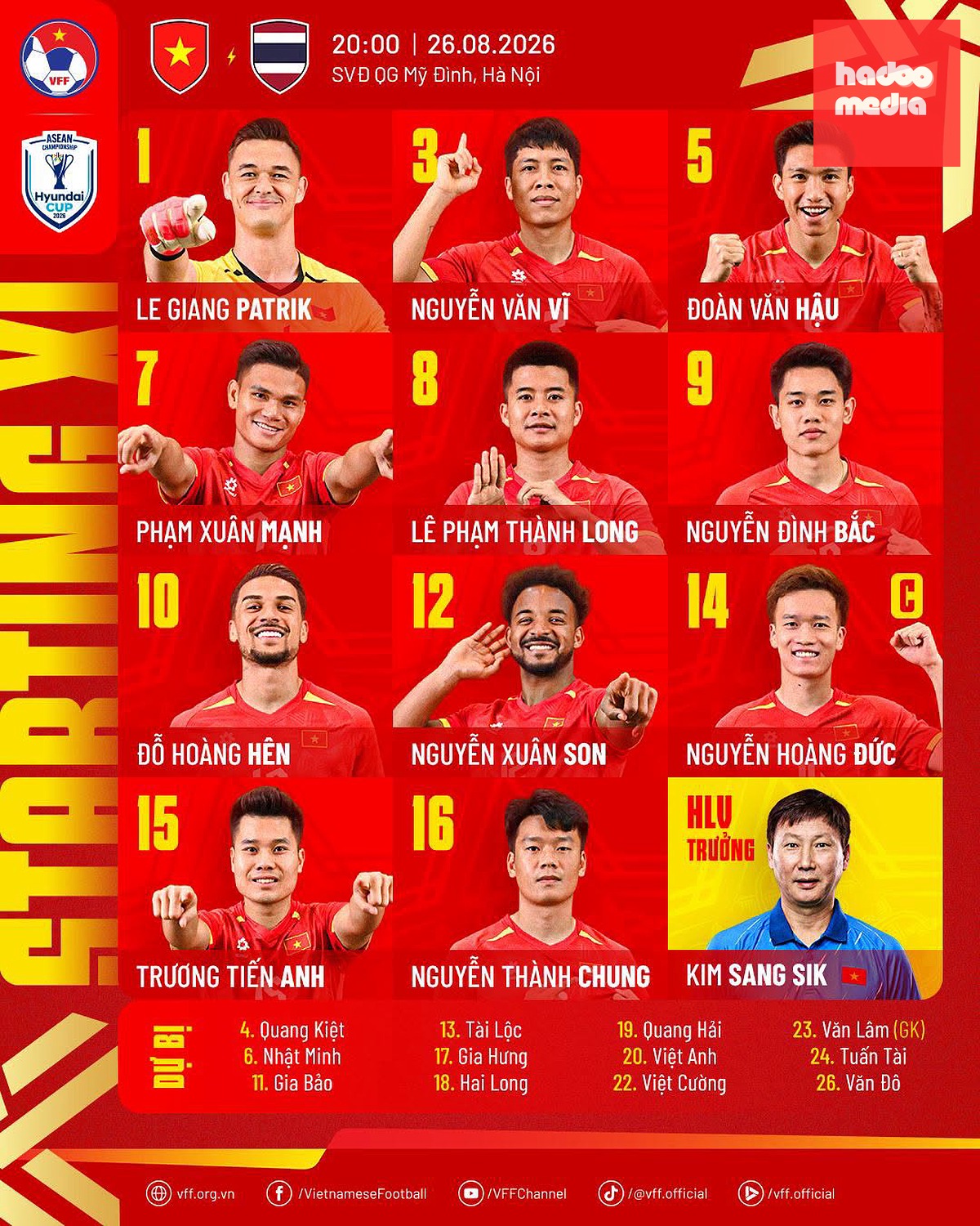 Đội hình ra sân của tuyển Việt Nam. Ảnh: VFF.