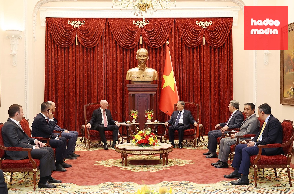 Quang cảnh buổi tiếp của Tổng Bí thư, Chủ tịch nước Tô Lâm với Chủ tịch FIFA Gianni Infantino - Ảnh: TTXVN