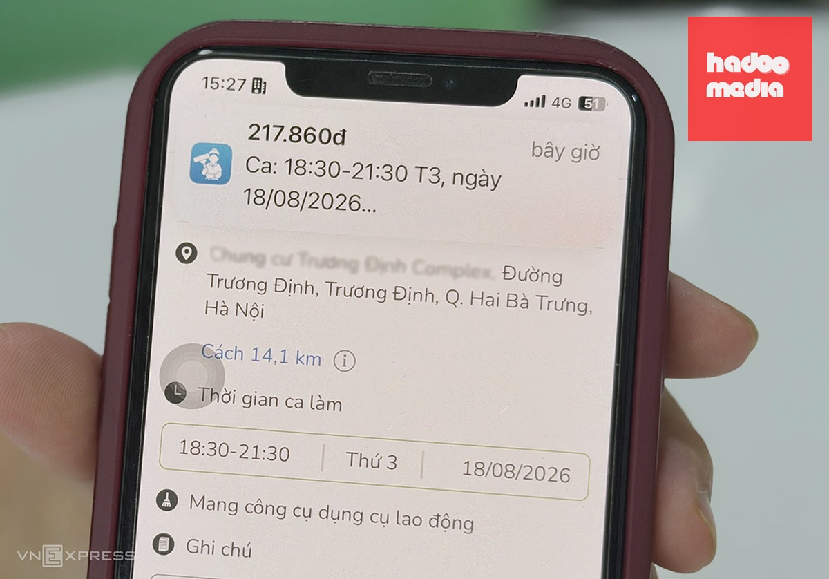 Số tiền công hiển thị ngay trên ứng dụng của người nhận ca. Ảnh: Hồng Chiêu