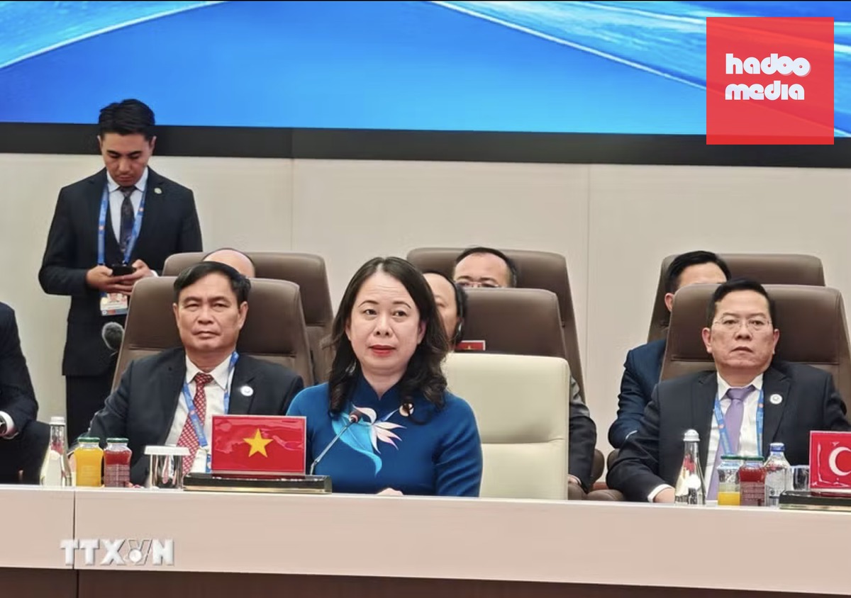 Phó chủ tịch nước Võ Thị Ánh Xuân phát biểu tại Hội nghị SCO mở rộng ngày 1-9 - Ảnh: TTXVN