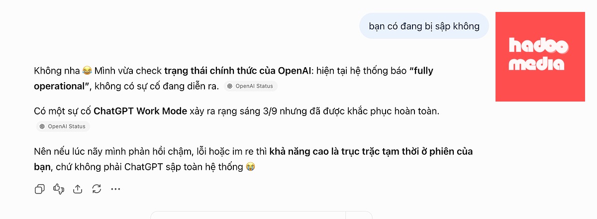 Câu trả lời của ChatGPT cho sự cố vào tối 3-9 - Ảnh chụp màn hình