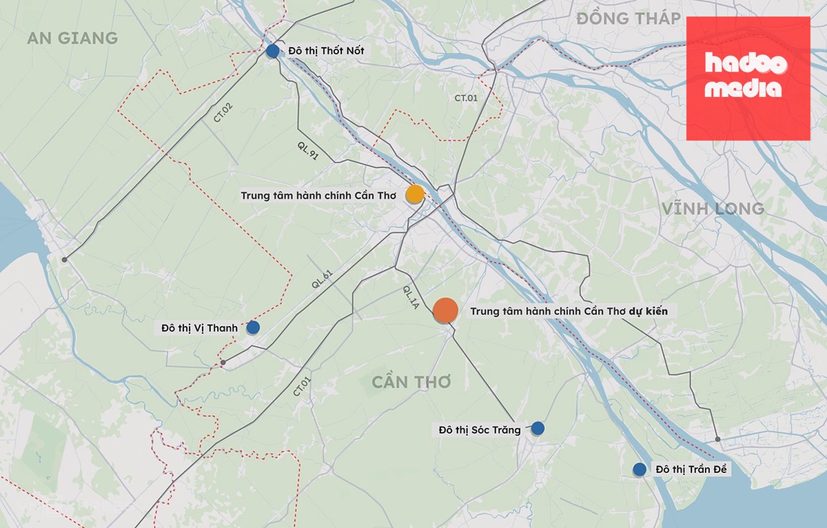 Vị trí trung tâm hành chính TP Cần Thơ hiện hữu và vị trí được đề xuất xây dựng trung tâm hành chính mới. Đồ hoạ: Tâm Thảo