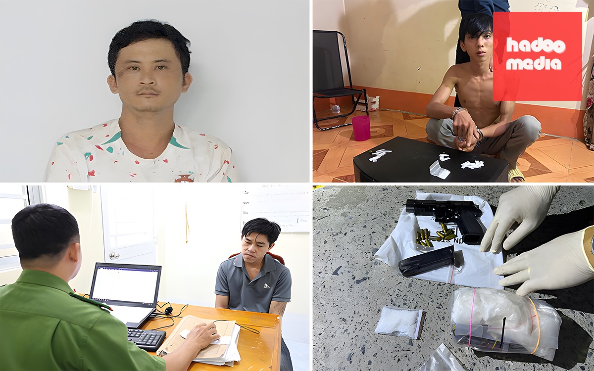 Công an tỉnh An Giang bắt giữ 3 đối tượng mua bán, tàng trữ ma túy trái phép và thu giữ 1 khẩu súng, 12 viên đạn - Ảnh: TIẾN VĂN