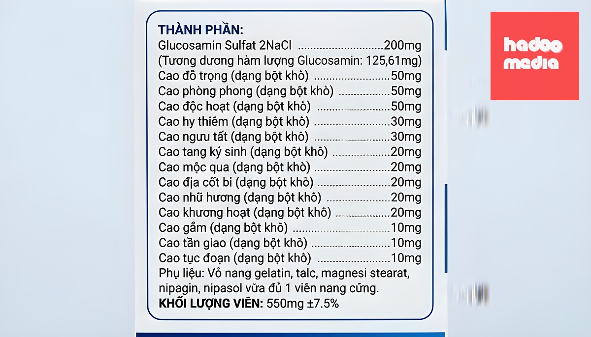 Mặt sau hộp thực phẩm chức năng này có ghi hàm lượng hoạt chất glucosamin sulfat 2NaCl là 200mg, tương đương hàm lượng glucosamin là 125,61mg - Ảnh: QUỐC NAM