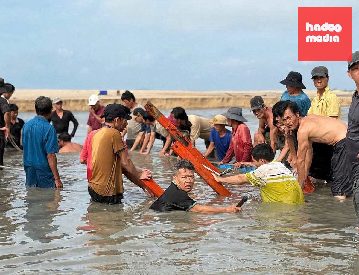 Người dân cùng chính quyền địa phương hỗ trợ kéo ghe cá bị chìm ở biển Hồ Lân, xã Sơn Mỹ, tỉnh Lâm Đồng vào bờ lúc sáng 12-9 - Ảnh: KIỀU HẰNG