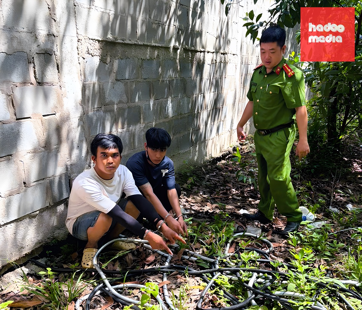 Đặng Quốc Tín và Trương Ngọc Minh, hai bị can trộm dây điện trên cao tốc Biên Hòa - Vũng Tàu vừa bị khởi tố, bắt tạm giam - Ảnh: Công an Đồng Nai