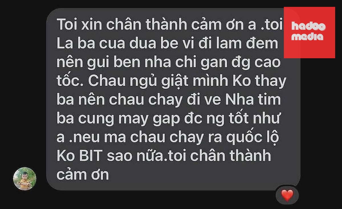 Tin nhắn người cha cảm ơn vợ chồng anh Hoài. Ảnh: Chụp lại màn hình