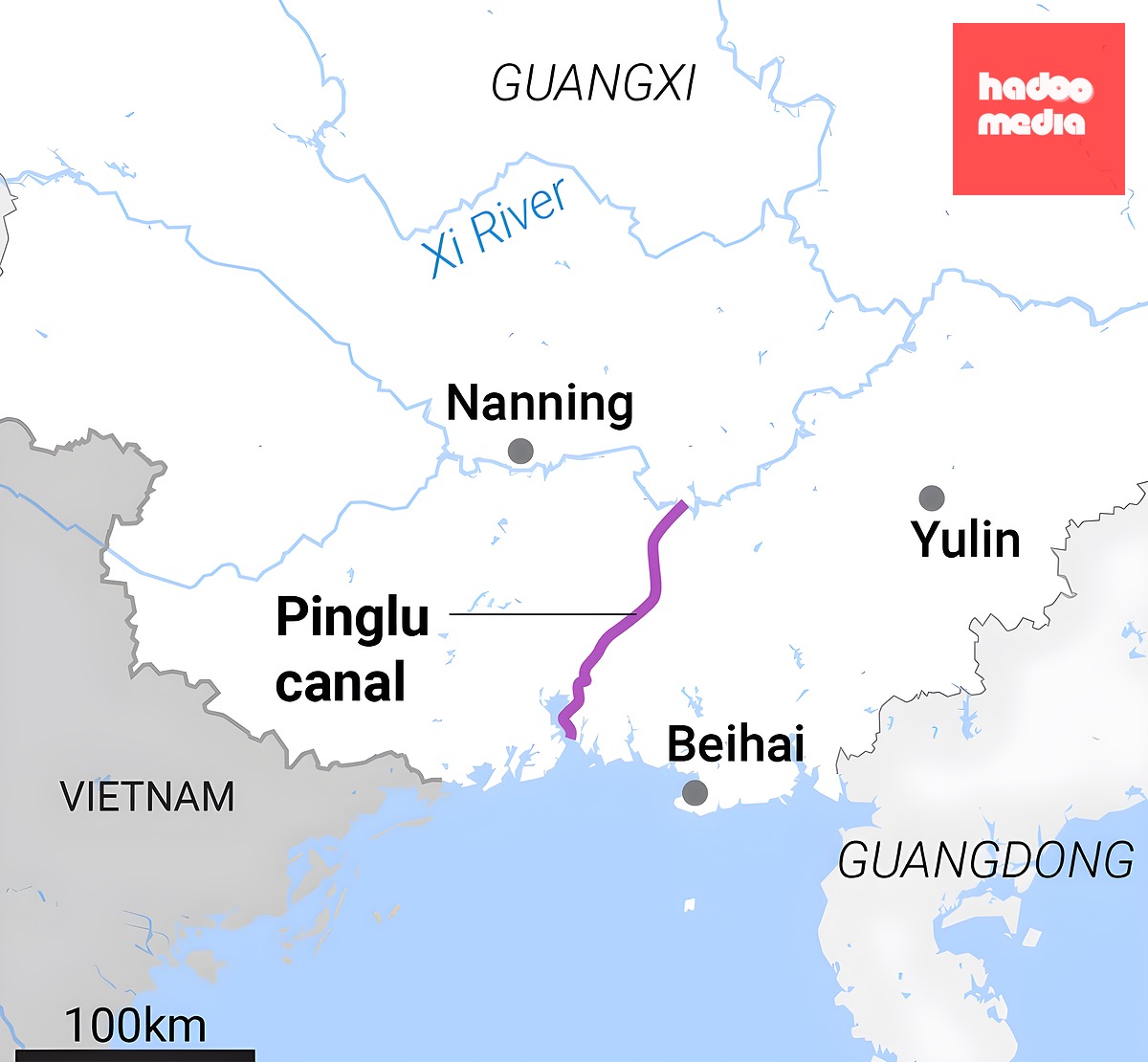 Vị trí kênh đào Bình Lục ở Quảng Tây, Trung Quốc - Ảnh: SCMP/Guangxi Transport Department