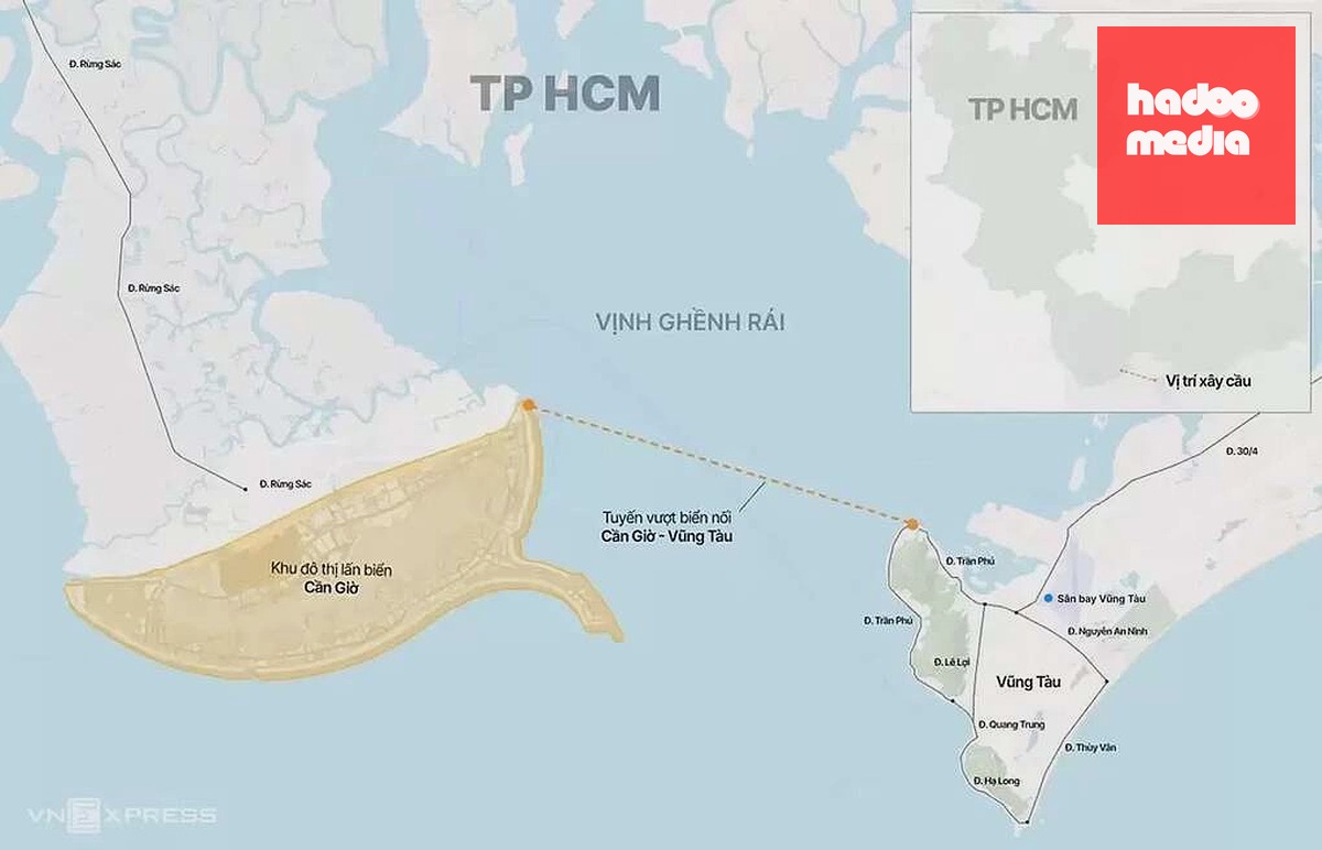 Vị trí đường vượt biển nối Cần Giờ - Vũng Tàu và sân bay. Đồ họa: Tâm Thảo