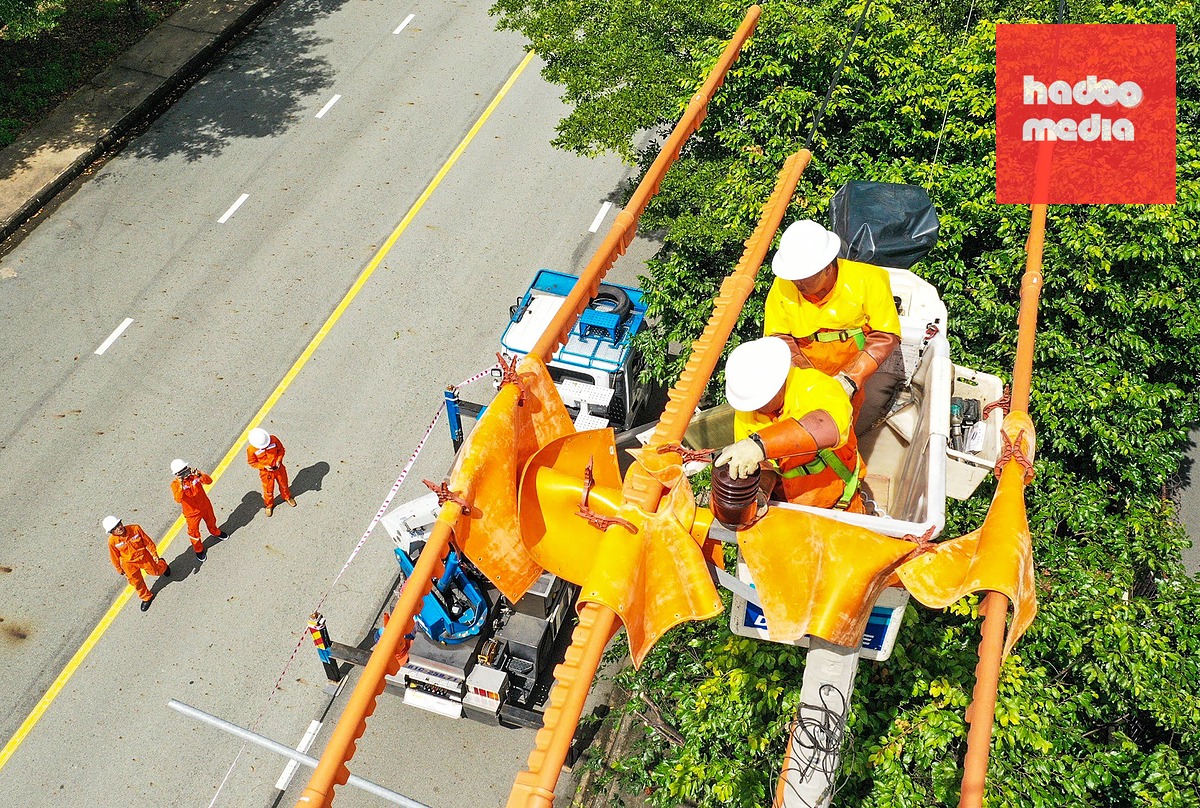 Nhân viên điện lực Bình Dương (nay là TP.HCM) thi công điện trong khu công nghiệp - Ảnh: QUANG ĐỊNH
