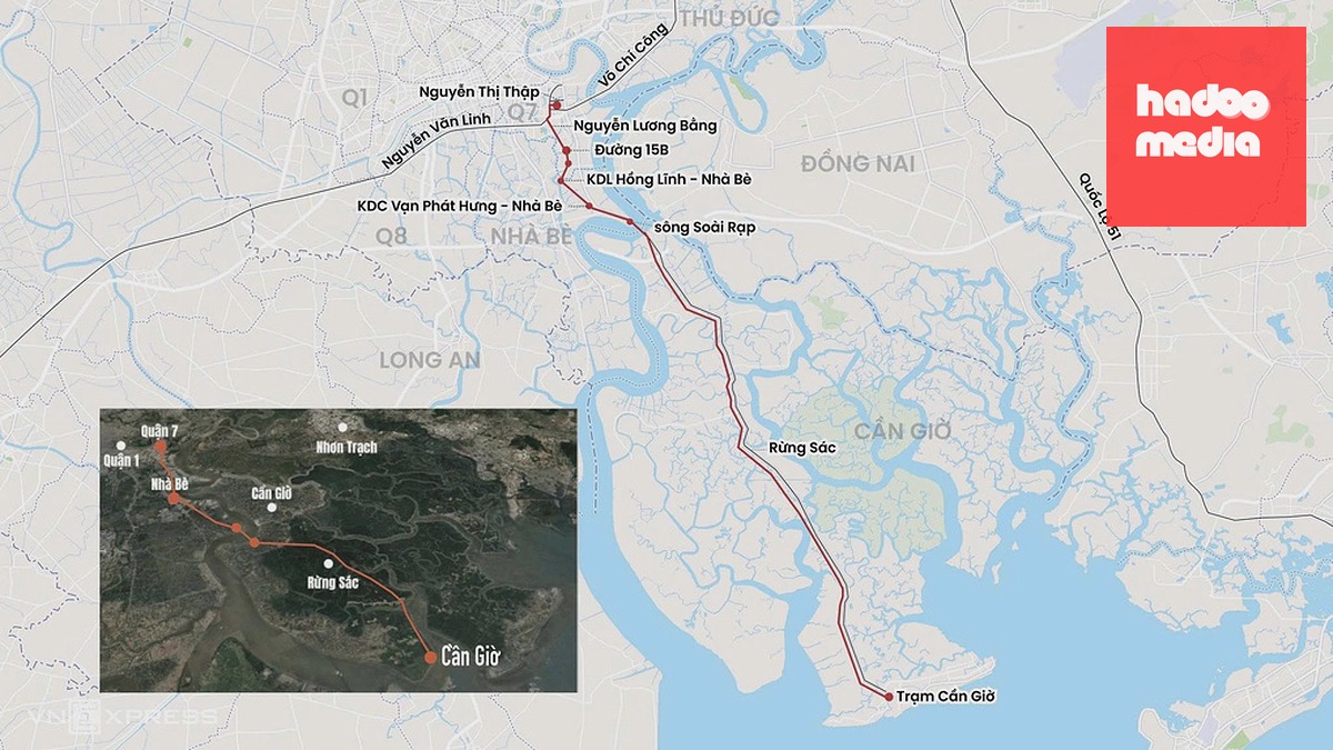 Hướng tuyến metro nối trung tâm TP HCM xuống Cần Giờ. Đồ họa: Hoàng Thanh