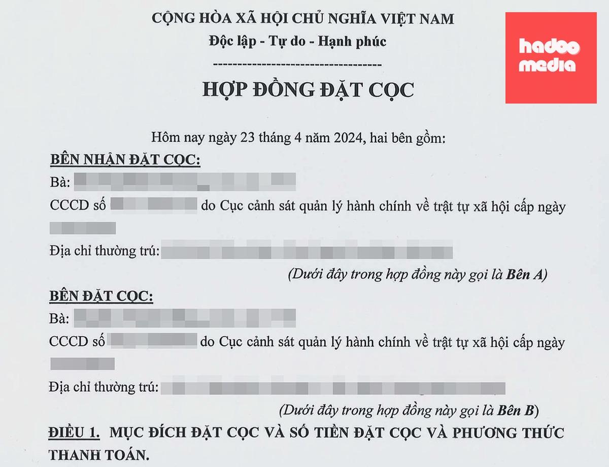 Hợp đồng đặt cọc giữa hai bên. Ảnh: P.D