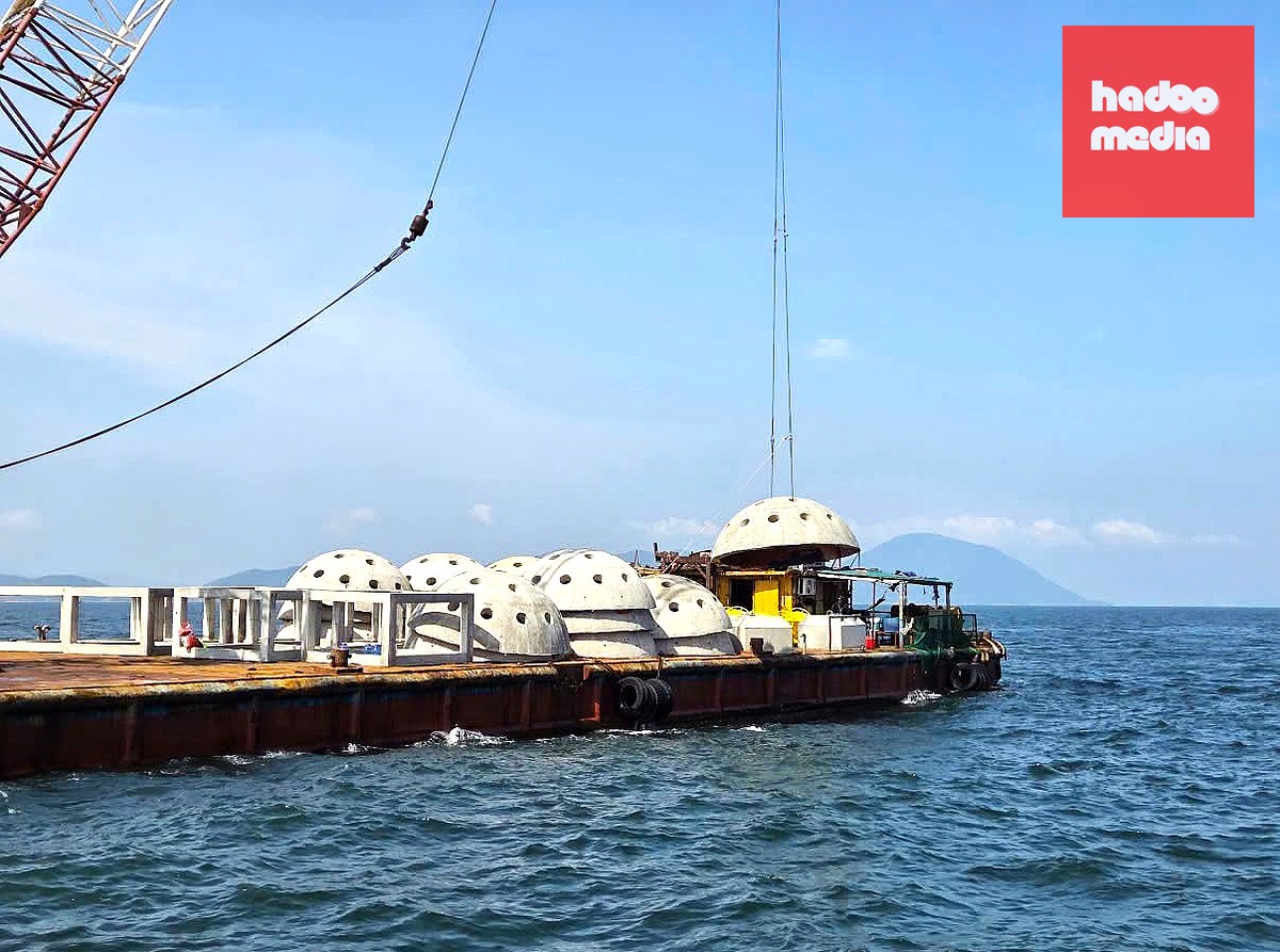 Các khối rạn nhân tạo được thả xuống vùng biển xã Kỳ Xuân sáng nay - Ảnh: H.A.