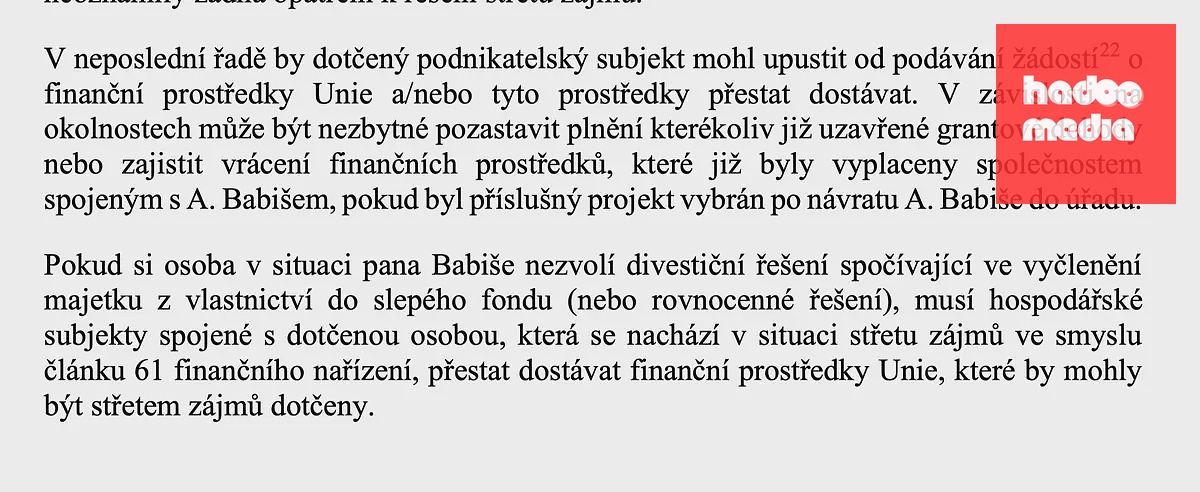 Výňatek z dopisu zaslaného Evropskou komisí (DG REGIO) českým úřadům