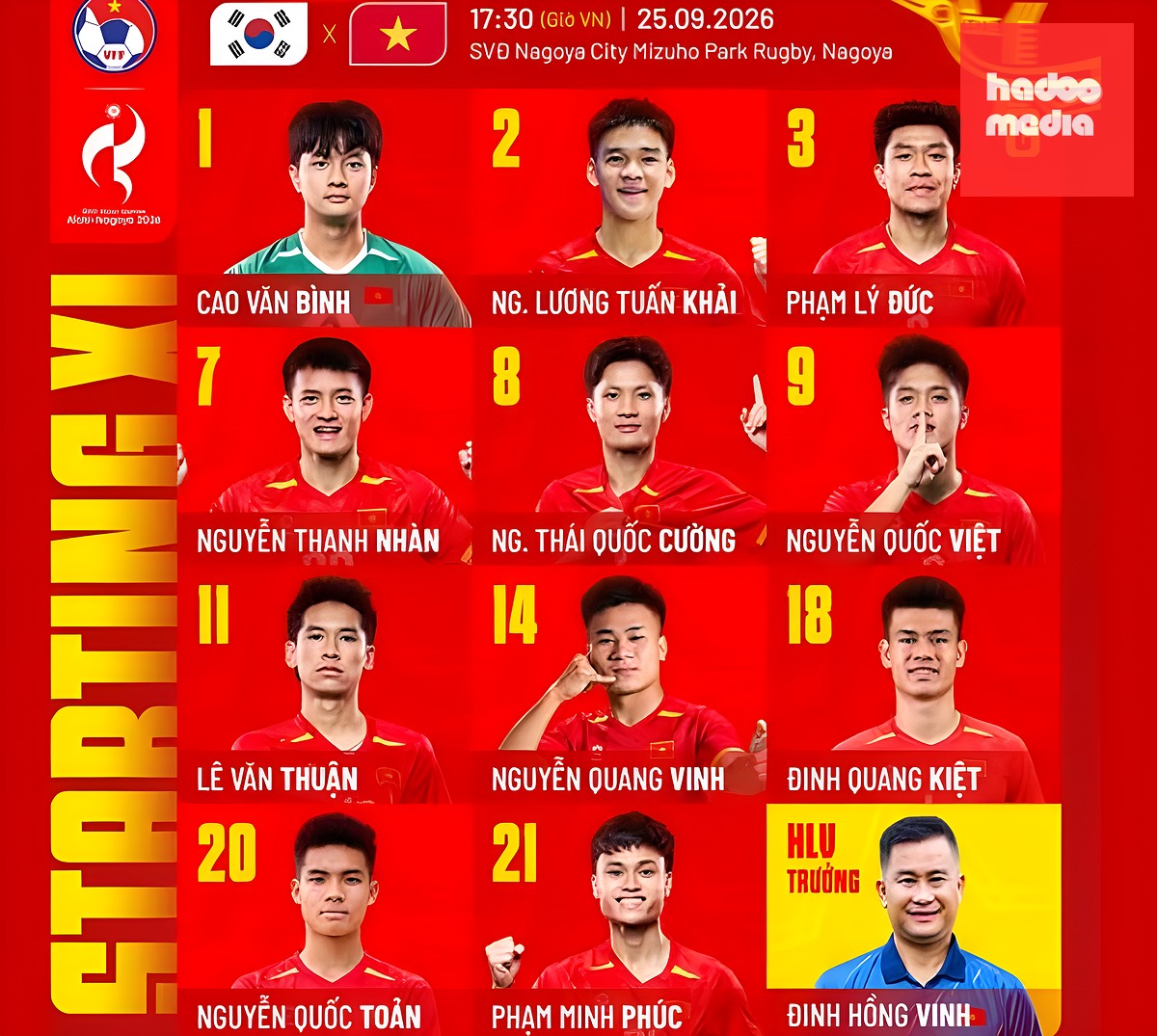 Đội hình xuất phát của U23 Việt Nam. Ảnh: Fanpage VFF.