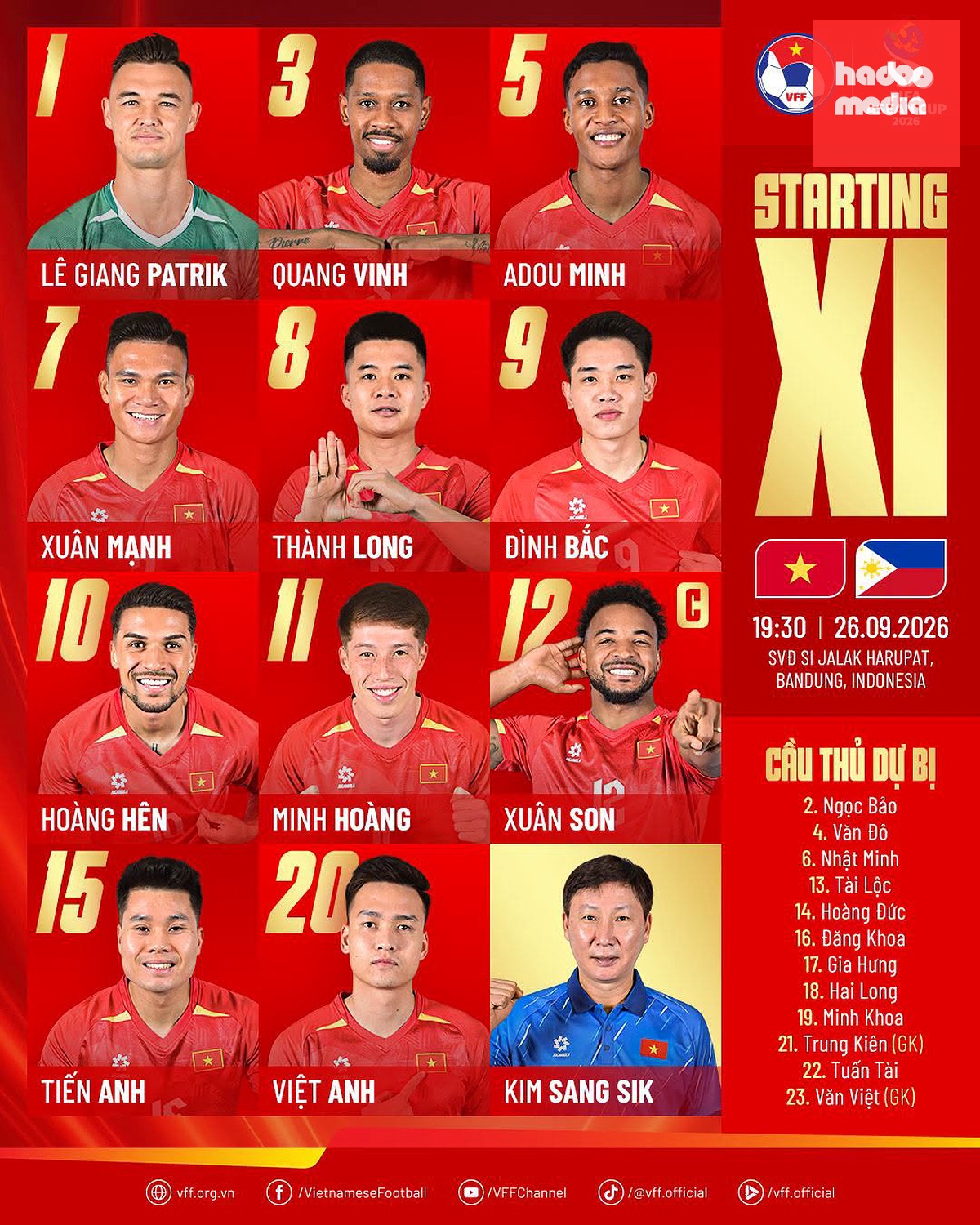Đội hình ra sân của tuyển Việt Nam. Ảnh: VFF.