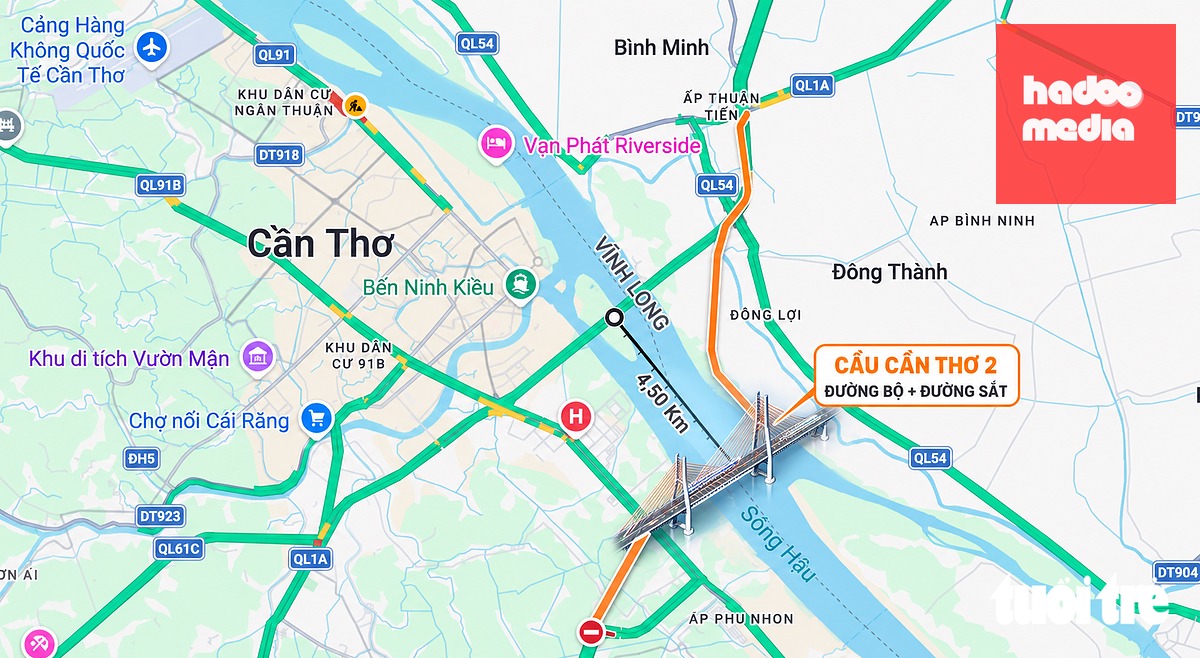 Điểm đầu dự án kết nối với cao tốc Mỹ Thuận - Cần Thơ tại khu vực nút giao Chà Và, tỉnh Vĩnh Long; điểm cuối kết nối với cao tốc Cần Thơ - Hậu Giang tại khu vực nút giao IC2, TP Cần Thơ - Đồ họa: MẬU TRƯỜNG