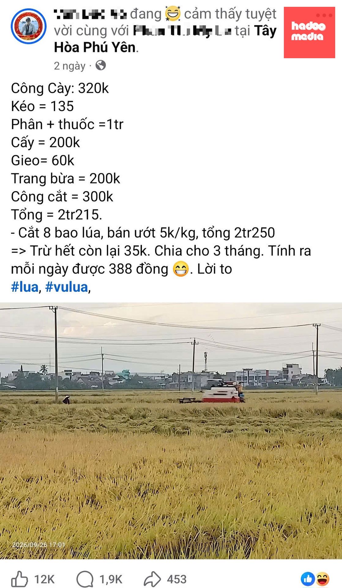 Bài viết của anh Dực về vụ thu hoạch lúa được cộng đồng mạng quan tâm - Ảnh chụp màn hình