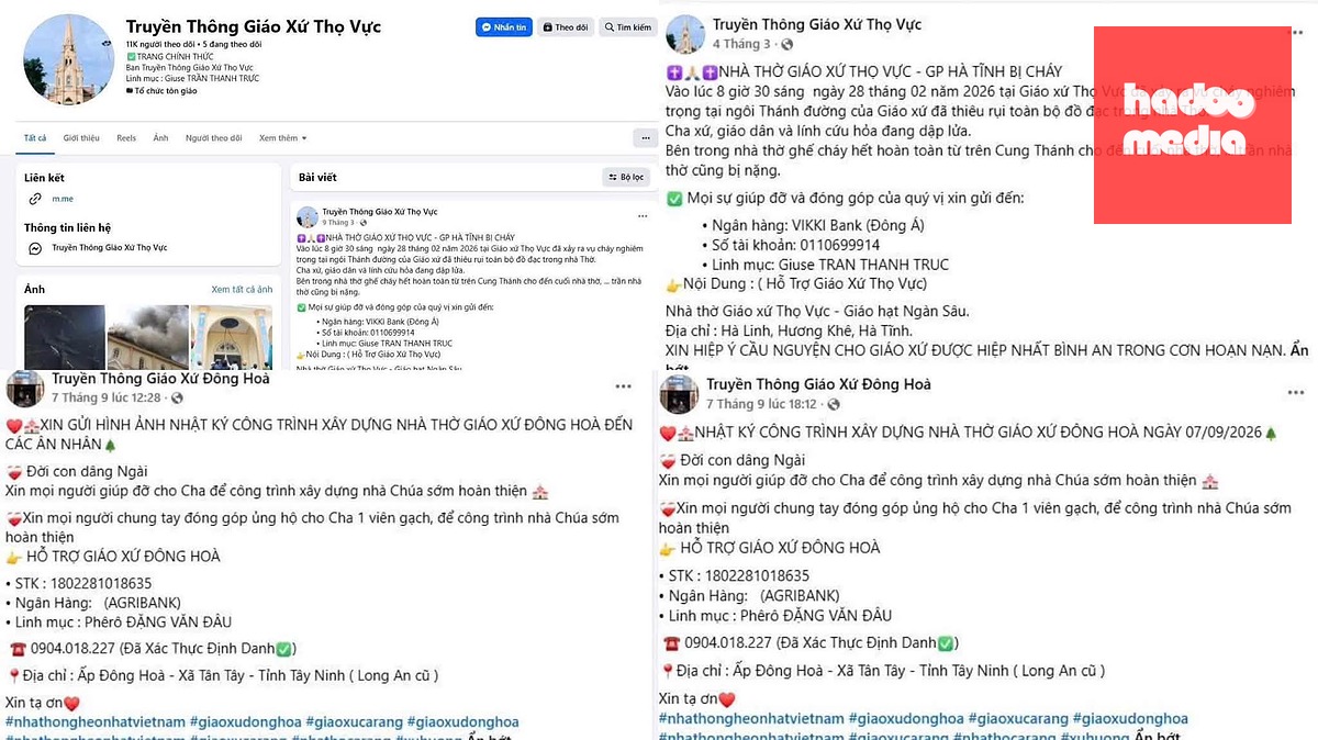 Các fanpage do Lợi và Vương lập ra để phục vụ mục đích lừa đảo chiếm đoạt tài sản - Ảnh: Công an cung cấp