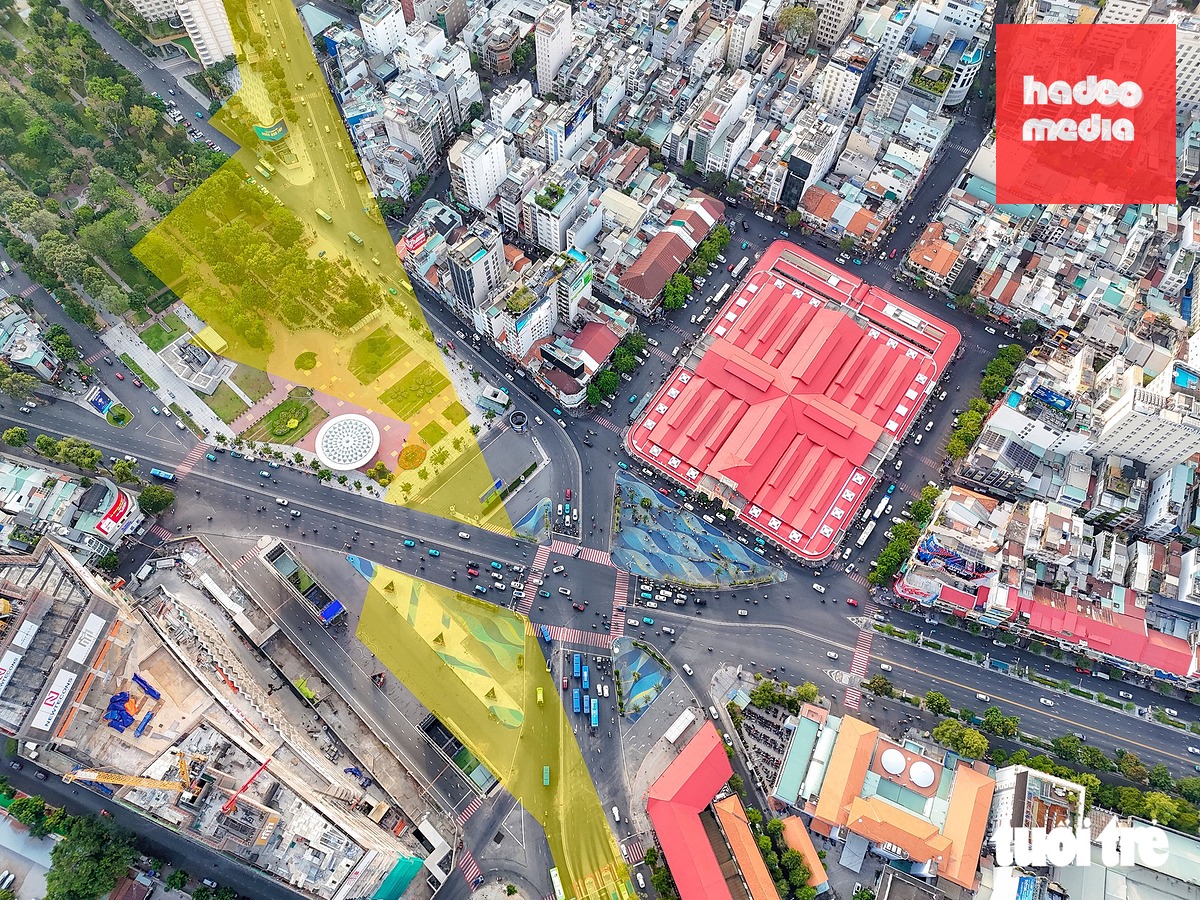 Một số khu vực sẽ quây rào xung quanh ga Bến Thành đang khai thác tuyến metro số 2 (vị trí màu vàng tương đối theo dự kiến) - Ảnh: CHÂU TUẤN